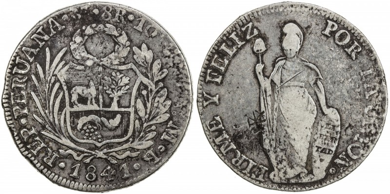 CHINESE CHOPMARKS: PERU: Republic, AR 8 reales, 1841-LIMAE, KM-142.8, assayer MB...