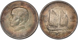 CHINA: Republic, AR dollar, year 23 (1934), Y-345, L&M-110, Sun Yat Sen // Chinese junk under sail, lovely deep old toning, PCGS graded MS62.

Estim...