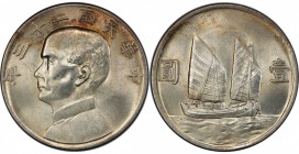 CHINA: Republic, AR dollar, year 23 (1934), Y-345, L&M-110, Sun Yat Sen // Chinese junk under sail, PCGS graded MS61.

Estimate: USD 125-175