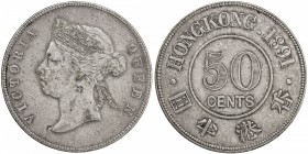 HONG KONG: Victoria, 1837-1901, AR 50 cents, 1891, KM-9.1, with two tiny Chinese merchant chopmarks, one resembling a small pennant, the other a cresc...