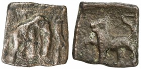 CHOLA: Sangam Era, ca. 200 BC to 200 AD, AE square (2.47g), Krishnamurthy—, Pieper-788 (this piece), elephant right, umbrella above, flag-standard (?)...