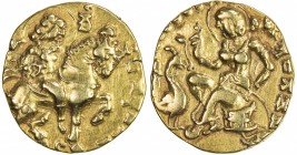 GUPTA: Kumaragupta I, 409-450/452, AV dinar (8.18g), Mitch-4836/38, Kumar, Class III.C, p. 313, horseman type: Kumaragupta, nimbate, riding horse to r...