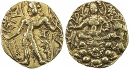 GUPTA: Chandragupta IV, ca. 470+, AV dinar (8.59g), Kumar p.385, type A, king standing, nimbate, holding bow & arrow, Garuda standing to left, no insc...