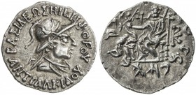 INDO-GREEK: Antialkides, ca. 115-95, AR drachm (2.43g), Bop-12A, helmeted bust of the king // Zeus Nikephoros seated on throne, holding long spear, fa...