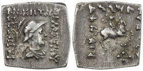 INDO-GREEK: Philoxenos, ca. 100-95 BC, AE square drachm (2.42g), Bop-6A, helmeted bust of the king right // horseman right, attractive strike, VF.

...