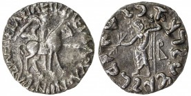 INDO-SCYTHIAN: Vonones, ca. 100-65 BC, AR tetradrachm (9.35g), Mitch-2147, king on horseback, holding long spear // Zeus standing, holding thunderbolt...
