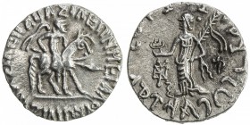 INDO-SCYTHIAN: Azilises, ca. 57-35 BC, AR drachm (2.32g), Mitch-—, king on horseback // city goddess standing left, holding lamp & palm branch, EF, R....