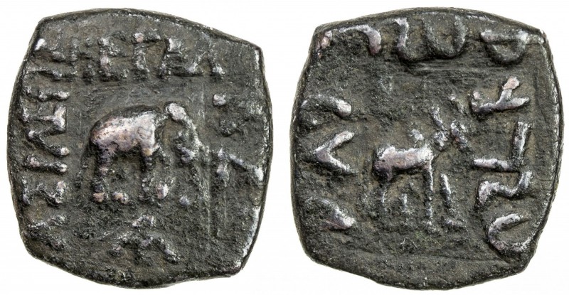 INDO-SCYTHIAN: Azes II, ca. 35 BC to 5 AD, AE square lepton (1.44g), Mitch-2302,...