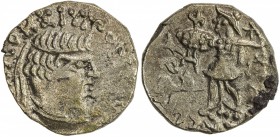 INDO-SCYTHIAN SATRAPS: Rajuvula, ca. 25-15 BC, AR drachm (2.27g), Senior-151.20, diademed and draped bust right // Athena Alkidemos standing left, som...
