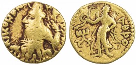 KUSHAN: Kanishka I, ca. 127-152, AV ¼ dinar (1.96g), G-41, bust of Kanishka to left, wearing peaked triangular cap, emerging from the clouds, holding ...