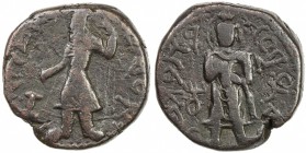 KUSHAN: Kanishka I, ca. 127-151, AE tetradrachm (15.80g), G-785, Burns-175, Cribb dies q/15, king standing, holding goad & scepter, offering sacrifice...