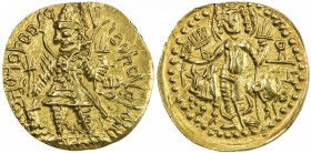 KUSHAN: Vasu Deva I, ca. 191-230+, AV dinar (8.02g), Mitch-3358, king standing, holding trident & sacrificing over altar, nandipada to right // Siva a...