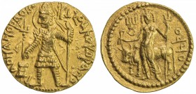 KUSHAN: Vasu Deva I, ca. 191-230+, AV dinar (7.94g), Mitch-3389/90, king standing, holding trident, sacrificing over altar, 2nd trident to left // Siv...