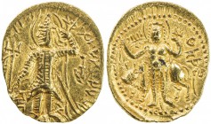 KUSHAN: Vasishka, ca. 240-250, AV dinar (7.90g), Mitch-3505var, G-630, king standing, sacrificing over altar, with trident to left, legend JiRa / DRa ...