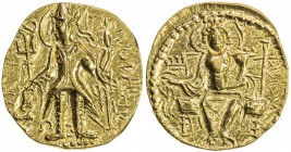 KUSHAN: Vasishka, ca. 240-250, AV dinar (7.78g), Mitch-3554, king standing, sacrificing over altar, with trident to left, legend ga / va / chhu // Ard...