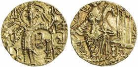 KUSHAN: Kapinada, ca. 350-375, AV dinar (7.68g), Mitch-3584/88, king standing, sacrificing over altar, with trident to left, legend, citing BaSaTa bel...