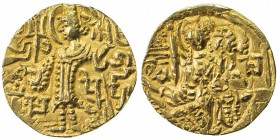KUSHAN: Gadahara, ca. 360-375, AV dinar (stater) (7.83g), Mitch-3592, king standing, offering sacrifice at altar, with trident above the altar, Brahmi...