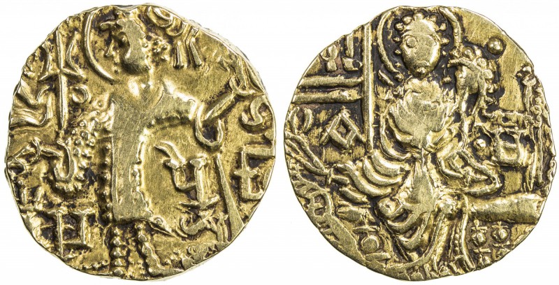 KUSHAN: Gadahara, ca. 360-375, AV dinar (stater) (7.78g), Mitch-3592, king stand...