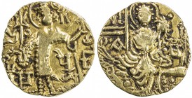 KUSHAN: Gadahara, ca. 360-375, AV dinar (stater) (7.78g), Mitch-3592, king standing, sacrificing over altar, with trident to left, legend KaPa / PiRya...