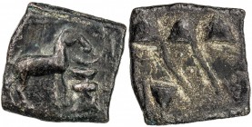 MALAYAMAN: Anonymous, 1st century AD, AE square (4.23g), Krishnamurthy-241, Pieper-792 (this piece), horse facing right, before altar // river flowing...