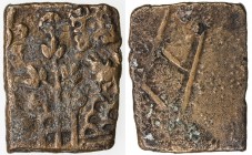 PANDYAS: Anonymous, Sangam age, ca. 200 BC to 200 AD, AE rectangular (12.80g), Mitch-1998:155, Pieper-768 (this piece), railed tree, nandyavarta, bull...