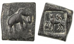 TAXILA: Anonymous, ca. 2nd-1st Century BC, AE square unit (12.11g), elephant right, hill above // lion left, swastika above & hill before, lovely stri...