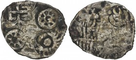 VATSA: Punchmarked, ca. 500-400 BC, AR karshapana (2.81g), Ra-1203var, 4 punches (scorpion, chakra twice, and plough), overstruck on a Chedi punchmark...