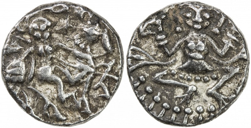 KASHMIR: Harshadeva, 1089-1101, AR dinar (3.13g), man, wearing angular headdress...