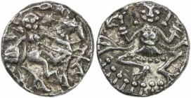 KASHMIR: Harshadeva, 1089-1101, AR dinar (3.13g), man, wearing angular headdress and holding spear, seated on horseback right; "Sri Harshadeva " in Sa...