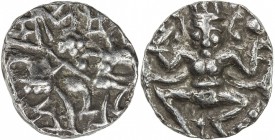 KASHMIR: Harshadeva, 1089-1101, AR dinar (3.13g), man, wearing angular headdress and holding spear, on horseback right; "Sri Harshadeva " in Sarada sc...