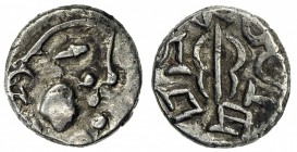 SIND: Prachandendra, ca. 7th century, AR damma (0.51g), Mitch-—, bust right, without crown, denticulated border around // trident, ruler's name around...