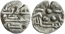 AMIRS OF MULTAN: Muhammad II, late 8th century, AR damma (0.44g), A-4572, Fishman-M38/41, Arabic lillah wali / muhammad wa / nasir // 3 central pellet...