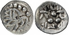 AMIRS OF MULTAN: Jalam II, ca. 830-840, AR damma (0.50g), A-4576, Fishman-51, stylized "ruler's head " with nagari sri inside // standard Multan type,...