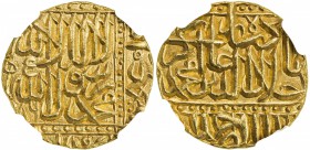 MUGHAL: Akbar I, 1556-1605, AV mohur, Ahmadabad, AH986, KM-108.2, fantastic strike, and showing the full mint name (except the last letter, which is n...