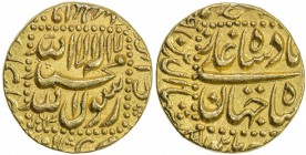MUGHAL: Shah Jahan I, 1628-1658, AV mohur (10.98g), Burhanpur, AH1064, KM-260.6, mount expertly removed, slightly wavy in the area where the mount onc...