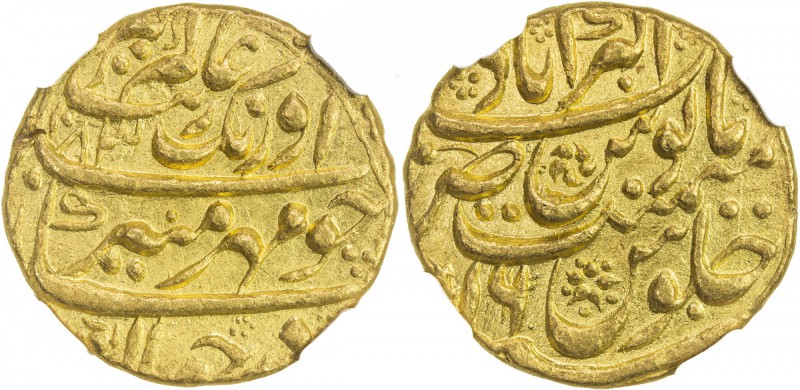 MUGHAL: Aurangzeb, 1658-1707, AV mohur, Akbarabad, AH1083 year 16, KM-315.5, wit...