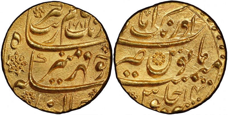 MUGHAL: Aurangzeb, 1658-1707, AV mohur, Aurangabad, AH1081 year 14, KM-315.10, b...