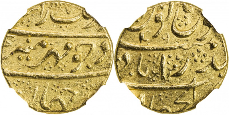MUGHAL: Aurangzeb, 1658-1707, AV mohur, Haidarabad, AH1117 year 49, KM-315.20, w...
