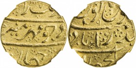 MUGHAL: Aurangzeb, 1658-1707, AV mohur, Haidarabad, AH1117 year 49, KM-315.20, with the mint epithet dar al-jihad below the mint name on the reverse, ...