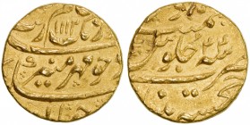 MUGHAL: Aurangzeb, 1658-1707, AV mohur (10.92g), Khujista Bunyad, AH1112 year 44, KM-315.30, couple rim dings on the reverse, nice strike, VF-EF.

E...
