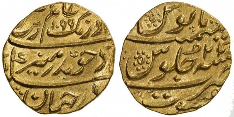 MUGHAL: Aurangzeb, 1658-1707, AV mohur (10.90g), Surat, AH1099 year 24, KM-315.4...