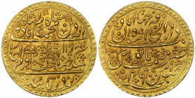 MUGHAL: Shah Alam II, 1759-1806, AV nazarana mohur (10.69g), Shahjahanabad, AH1218 year 46, KM-721, Stevens- 8.2, 34mm, with mint epithet Dar al-Khila...