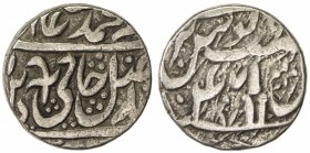 BURIYA: Rani Sukhan, fl. 1806-1808, AR rupee (10.80g), AH1222 year 47, SS-305, symbols are the torch on obverse and stylized katar on reverse (same ka...