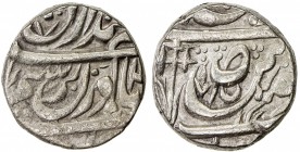 PATIALA: Karam Singh, 1813-1845, AR rupee (10.97g), "Sahrind ", ND, Cr-30. SS-205, cross-like floral personal mark, rare variety with crescent & flowe...