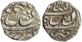 SIKH EMPIRE: AR mahmudshahi rupee (10.71g), Derajat, AH1233, KM-373, Herrli-07.01.04var, countermarked on the Khanda symbol of the Sikhs on the revers...