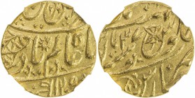 BENGAL PRESIDENCY: AV mohur, AH1209 year 37, Stv-7.22, KM-31. Prid-217, in the name of Shah Alam II, fish and 9-point sun symbols on obverse, 4-petal ...