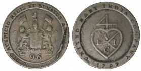MADRAS PRESIDENCY: George III, 1760-1820, AE 1/96 rupee, 1797, KM-397, a few marks, obverse flan flaw, one-year type, F-VF.

Estimate: USD 125-175