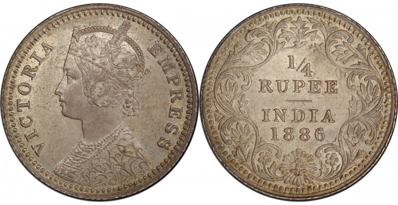 BRITISH INDIA: Victoria, Empress, 1876-1901, AR ¼ rupee, 1886-C, KM-490, S&W-6.2...