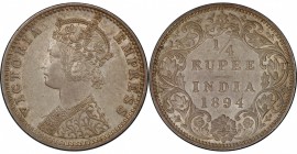 BRITISH INDIA: Victoria, Empress, 1876-1901, AR ¼ rupee, 1894-B, KM-490, S&W-6.322, PCGS graded AU58.

Estimate: USD 100-150