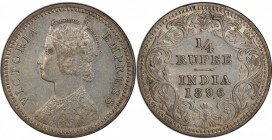 BRITISH INDIA: Victoria, Empress, 1876-1901, AR ¼ rupee, 1896-C, KM-490, S&W-6.324, PCGS graded AU55.

Estimate: USD 75-100